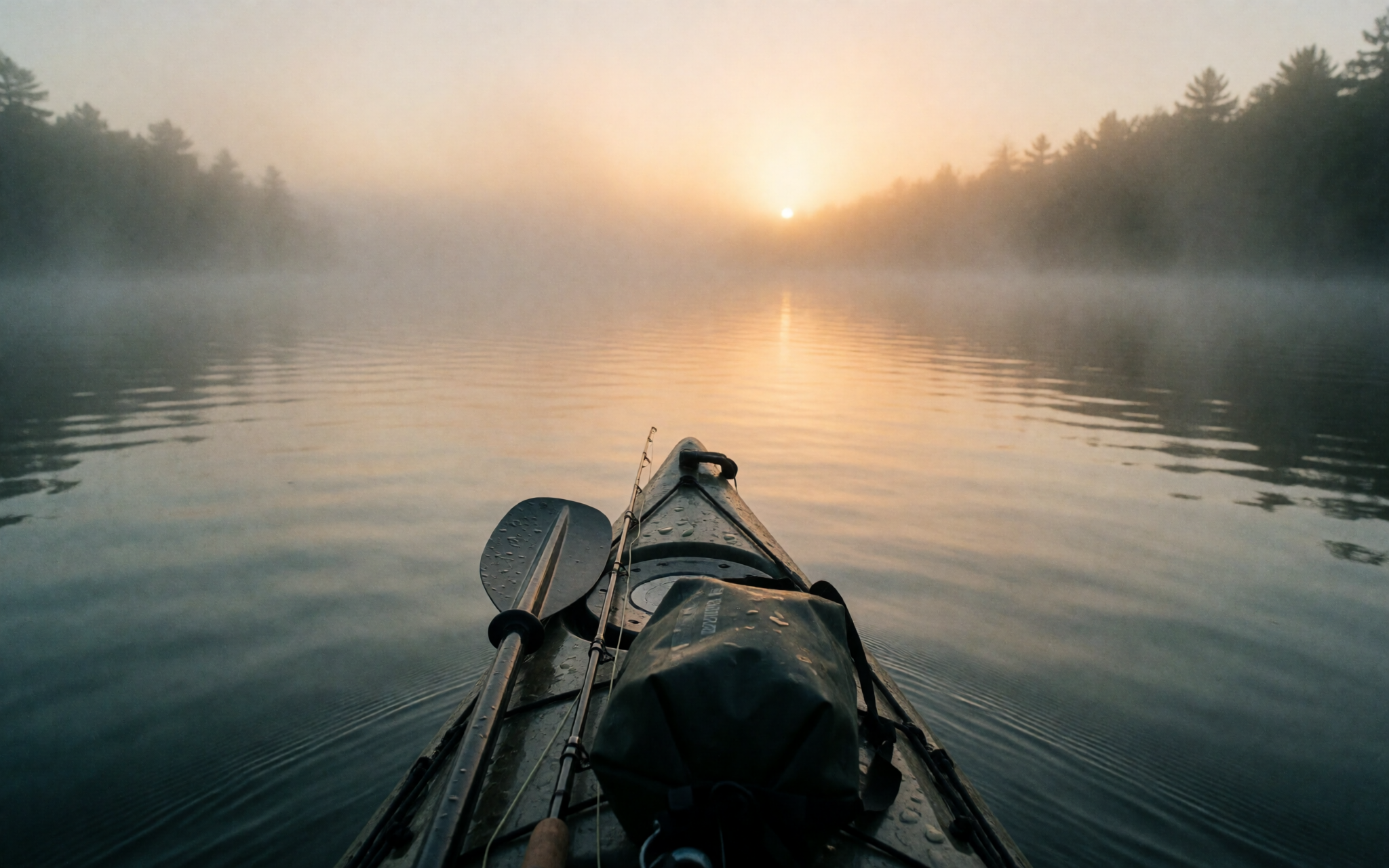 A kayak deck flat-lay of dawn-launch gear